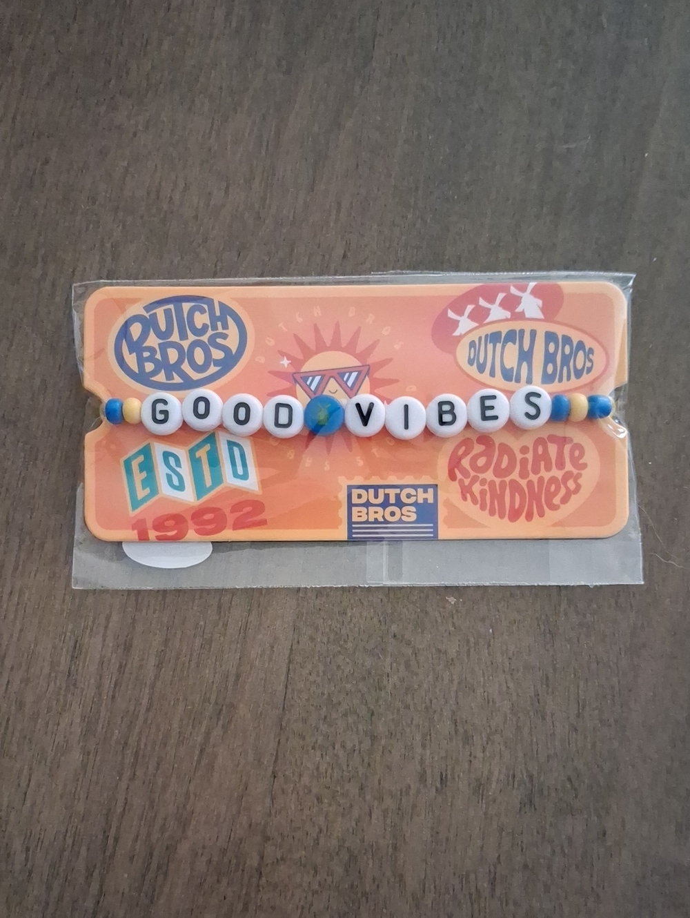 Dutch Bros 'GOOD VIBES' Beaded Bracelet - Blue & Yellow